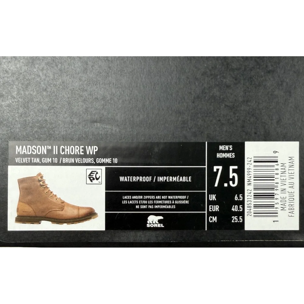 Sorel Madson II Chore Waterproof Boots Mens 7.5 Velvet Tan Suede Brown New